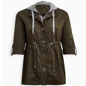 Torrid NWT Essential Anorak Jacket Twill Jersey Olive & Grey Size 0X Hooded
